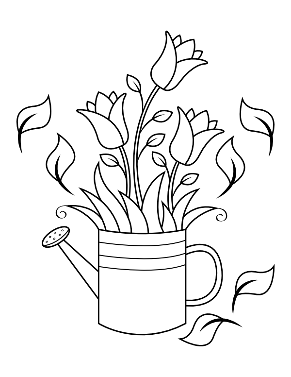 Printable flowers and watering can coloring page