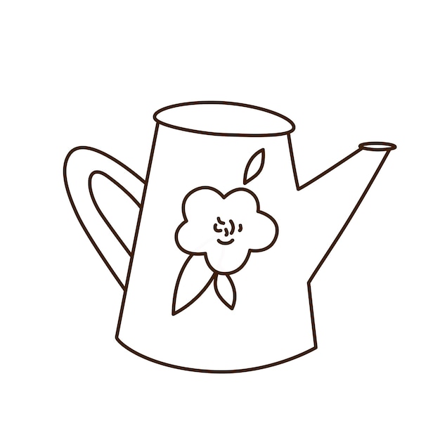 Premium vector watering can with flower linear doodle drawing black and white cartoon element