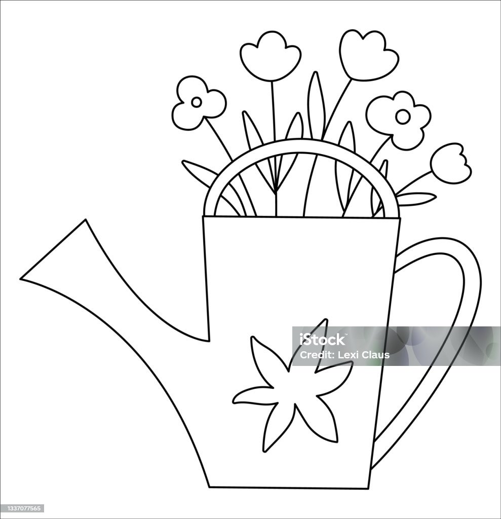 Vector black and white watering can with flowers outline spring picture line pot with flowers rakes plants icon gardening themed concept stock illustration