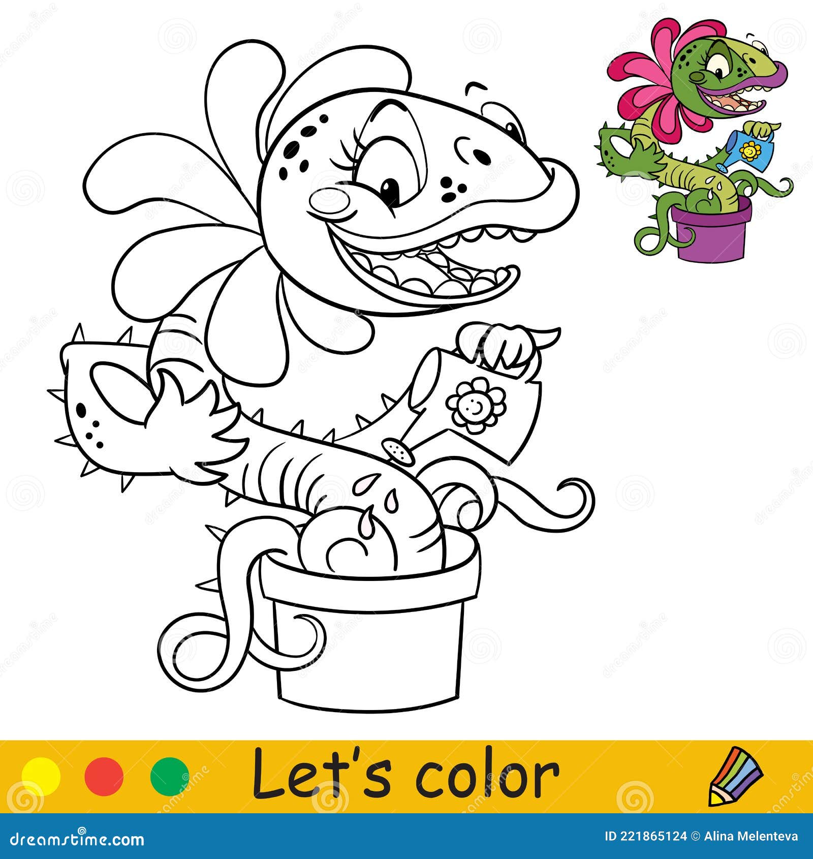 Funny carnivorous plant with a watering can coloring stock vector