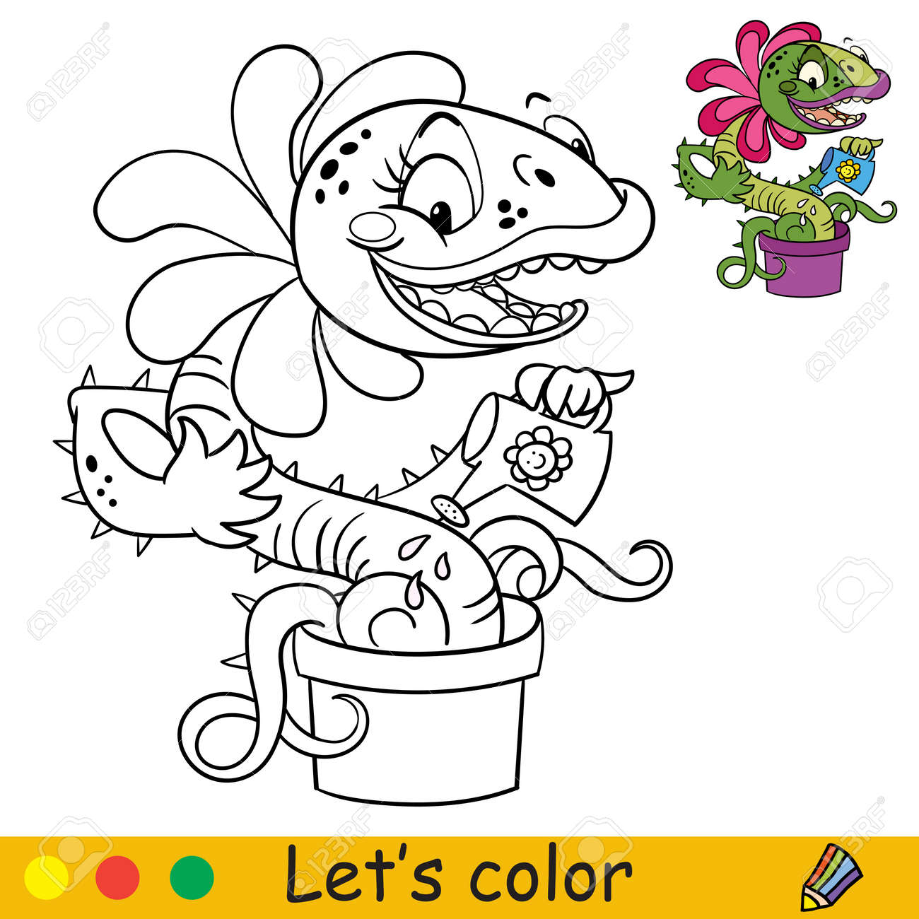 Cute funny carnivorous plant watering himself with a watering can coloring book page with colorful template for kids vector isolated illustration for coloring book print game party design royalty free svg cliparts