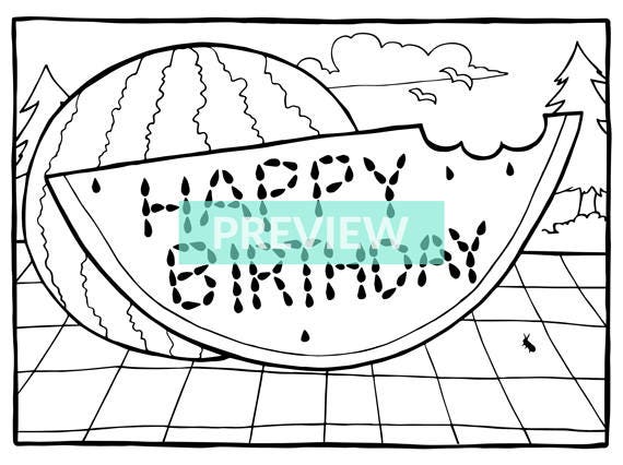 Watermelon birthday coloring page kids birthday adult coloring book page printable colouring pages birthday party printables summer