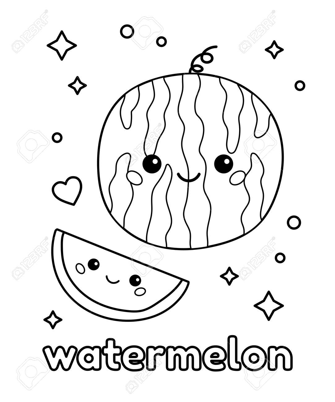 Healthy kawaii food cute cartoon watermelon with face coloring page for preschool kids vector outline illustration royalty free svg cliparts vectors and stock illustration image