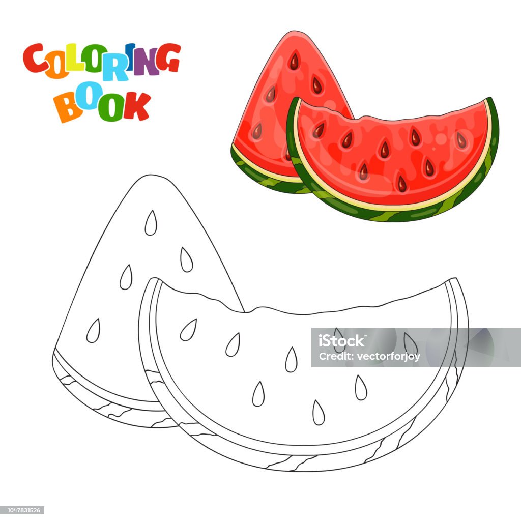 Coloring book page for preschool children with outlines of watermelon slices and a colorful copy of them vector illustration of watermelon for kids education stock illustration