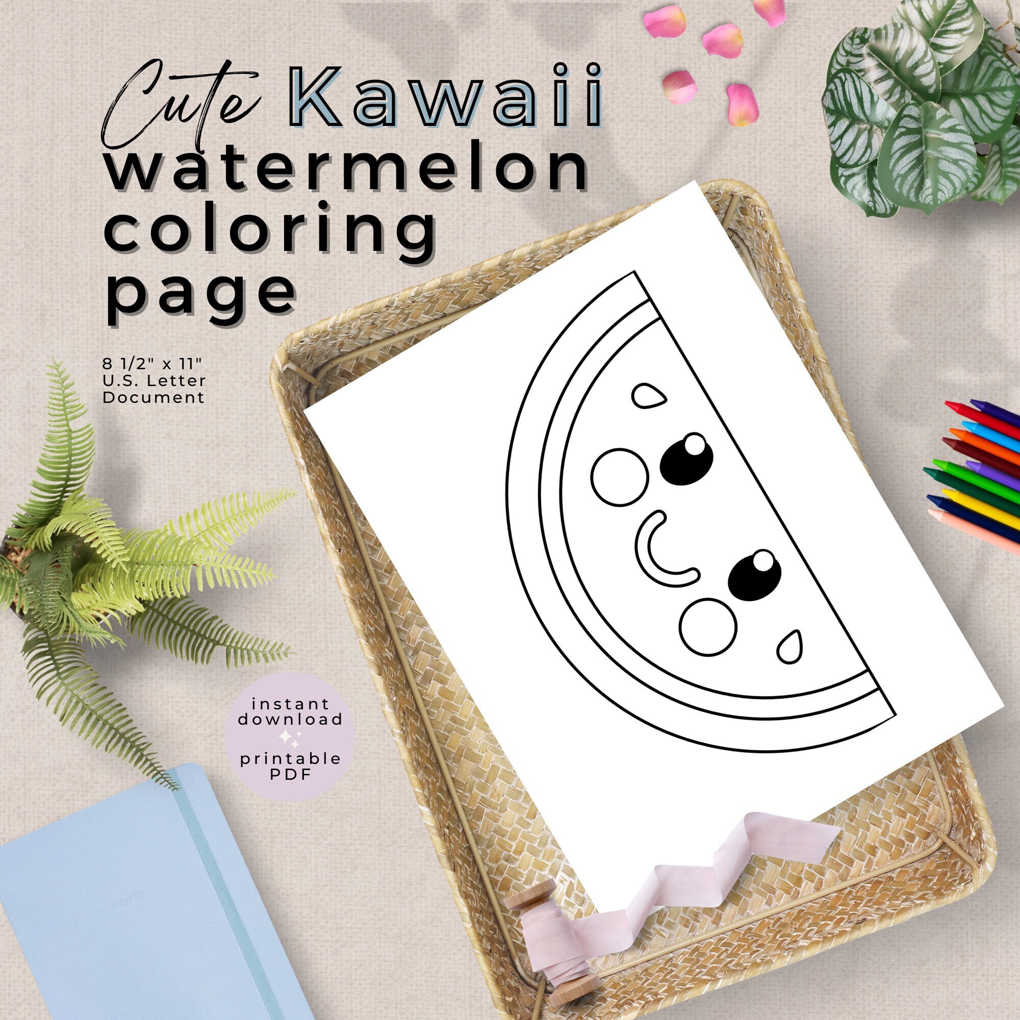 Cute kawaii watermelon slice coloring page printable watermelon coloring sheet simple coloring activity instant digital download pdf