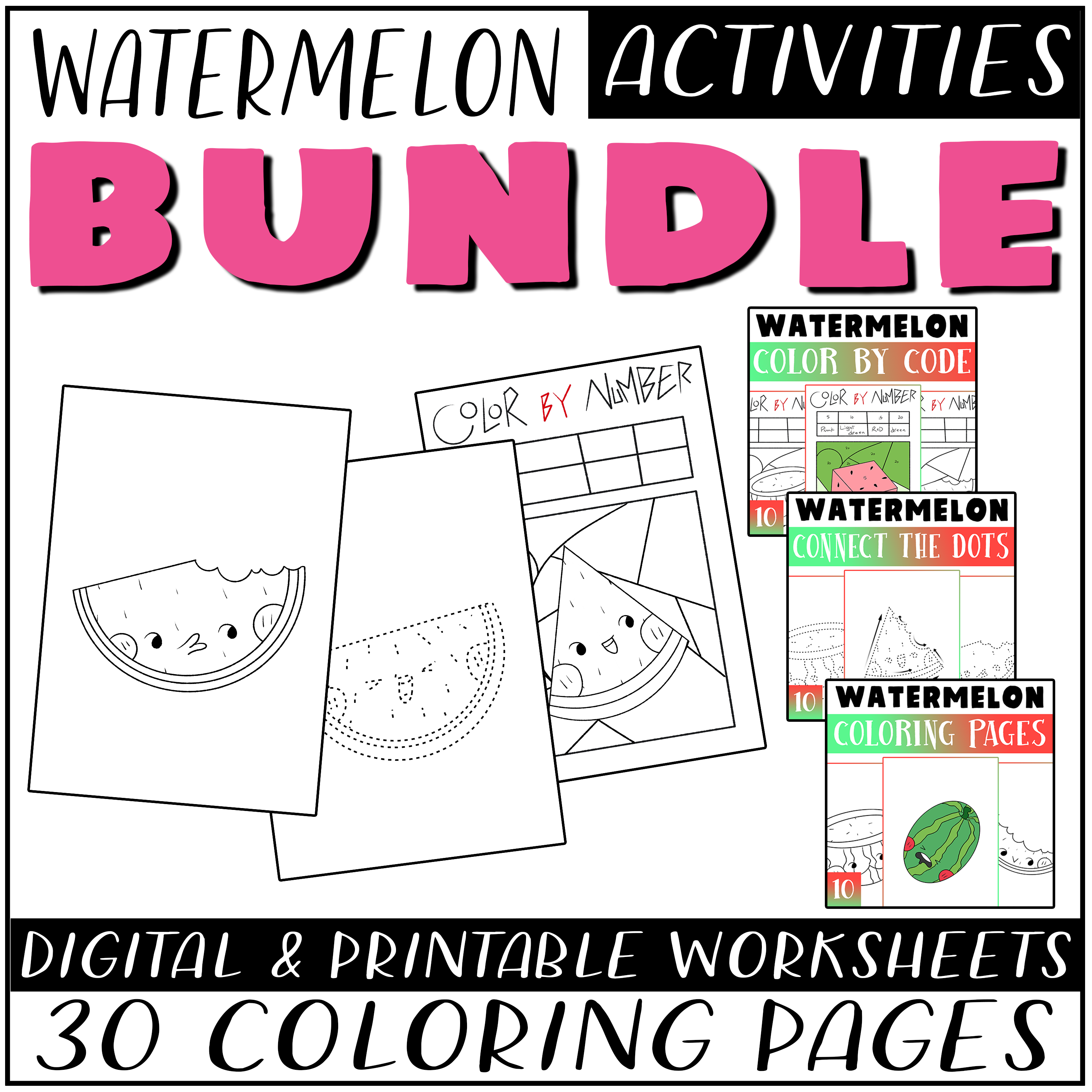 Watermelon coloring bundle coloring pages color by number dot to dot made by teachers