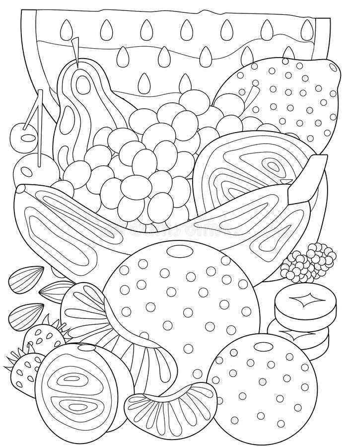 Coloring page with orange lemon banana strawberry grapes cherries raspberries pear watermelon and tangerine stock vector