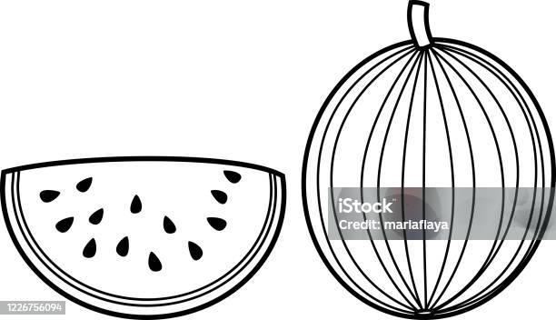 Coloring page slice and whole watermelon stock illustration