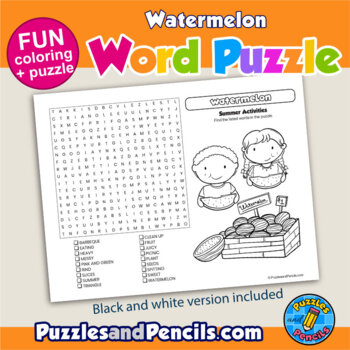 Watermelon word search puzzle and coloring activity page summer activities