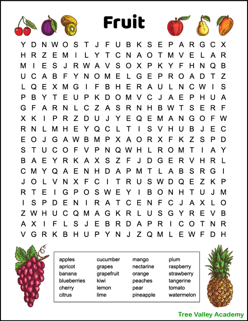 Difficult fruit word search for kids