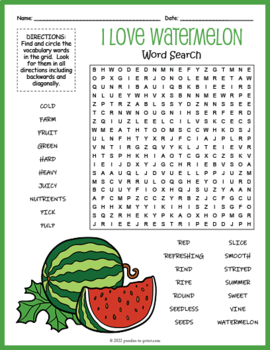 I love watermelon word search puzzle worksheet activity by puzzles to print