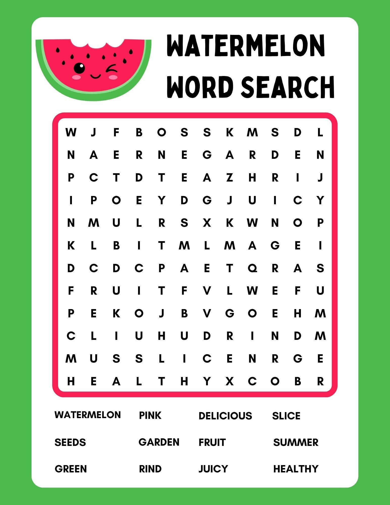 Watermelon word search printable instant download pdf