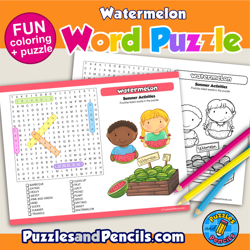 Watermelon word search puzzle activity page and coloring summer wordsearch made by teachers