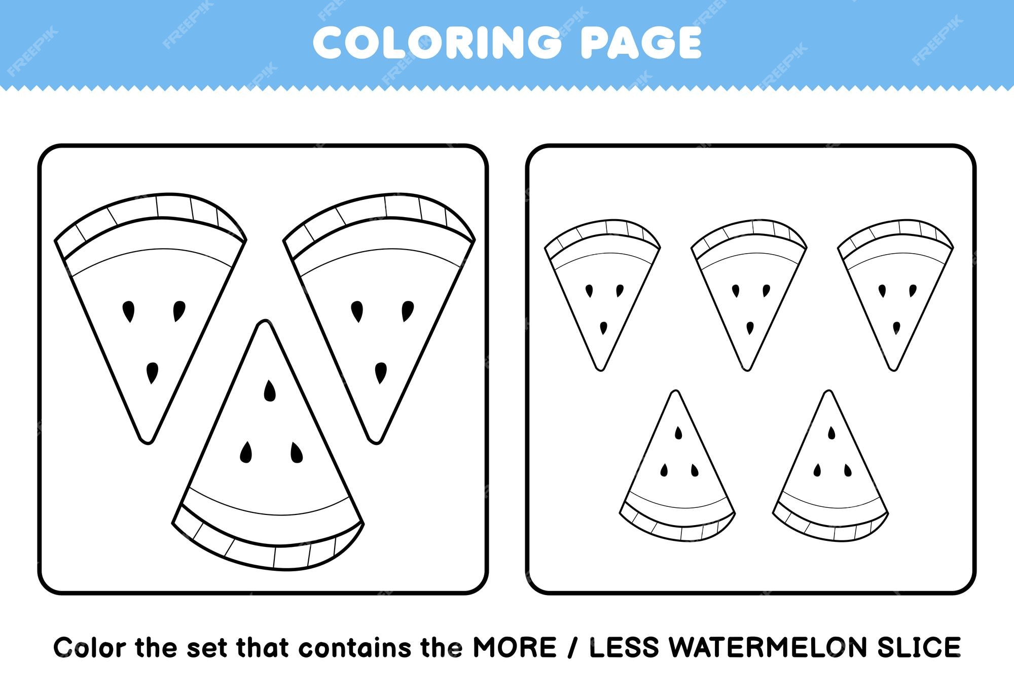 Premium vector education game for children coloring page more or less picture of cartoon watermelon slice fruit line art set printable worksheet