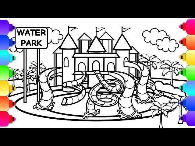 Learn how to draw a waterpark with slides and a castle amusement park coloring pages ððð