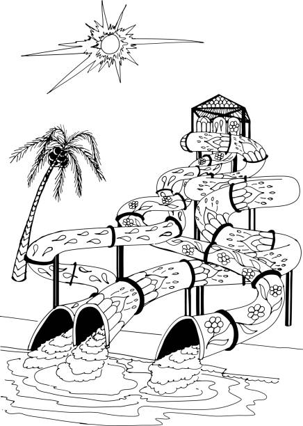 Water park sun and palm tree hand drawn patterns for coloring stock illustration