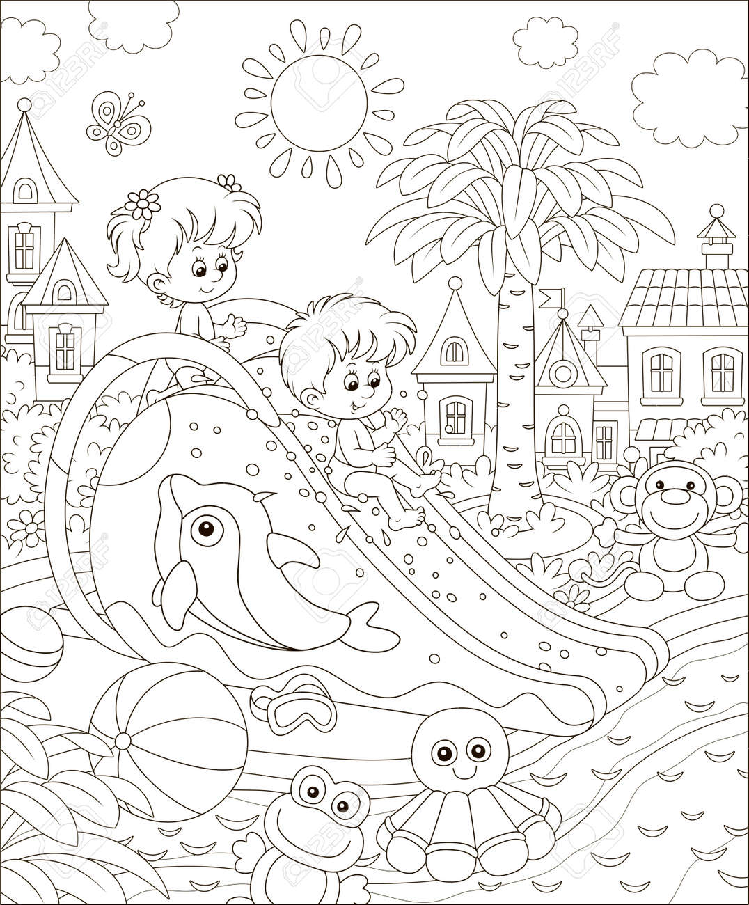 Small children sliding down from a waterslide in a summer aquapark black and white illustration in a cartoon style for a coloring book royalty free svg cliparts vectors and stock illustration image