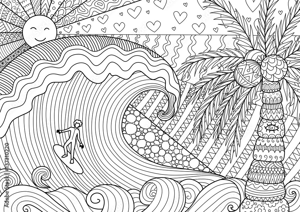 Man surfing on big wave in beautiful day for adult coloring book page vector