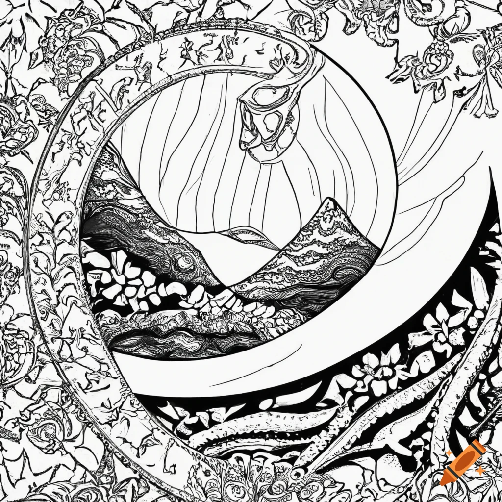 Black and white coloring book page of a mountainous landscape with water feature inspired by fractals inspired by mandella inspired by henna inspired by ukiyo