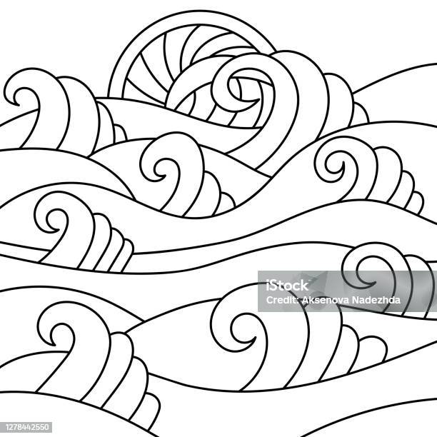 The waves the sea and doodle elements vector hand drawn illustration a postcard backdrop or coloring book stock illustration