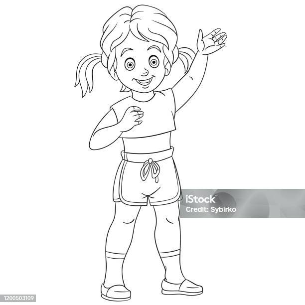 Coloring page of cartoon happy girl waving hand stock illustration