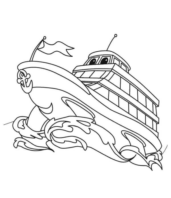 Big cartoon boat cutting the waves coloring page