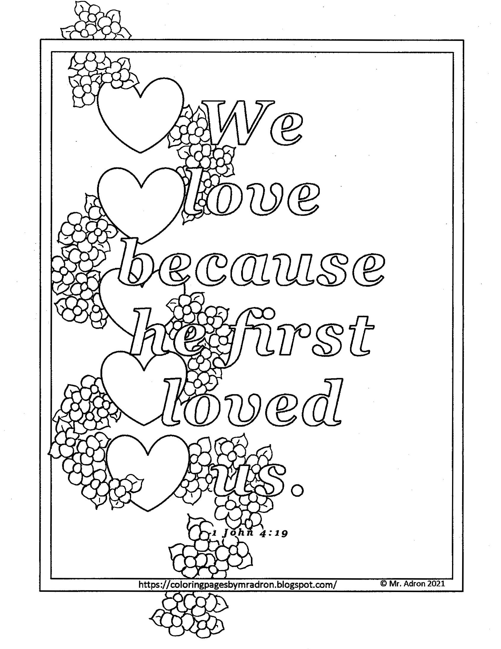 Free john print and color page we love because bible verse bible coloring pages bible verse coloring page preschool coloring pages