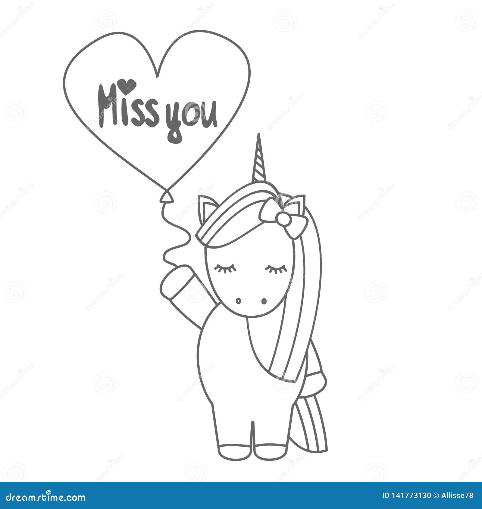 Cute cartoon black and white vector unicorn with balloon with hand drawn lettering miss you text illustration for coloring art stock vector
