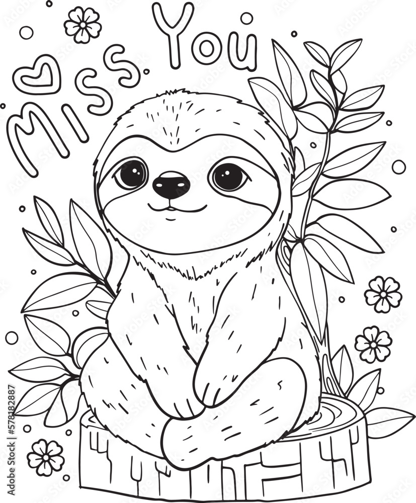 Miss you cute sloth in the forest valentines day hand drawn with black and white lines coloring for adults and kids vector illustration vector de
