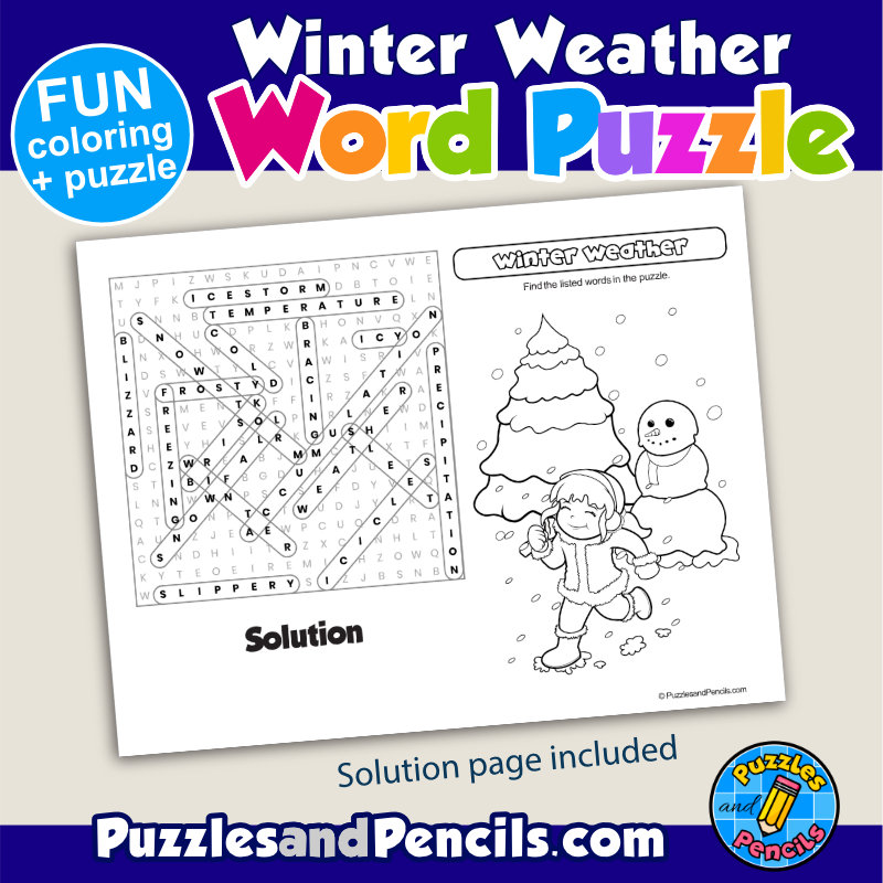 Winter weather word search puzzle activity page with coloring wordsearch made by teachers