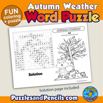 Autumn weather word search puzzle and coloring activity page fall