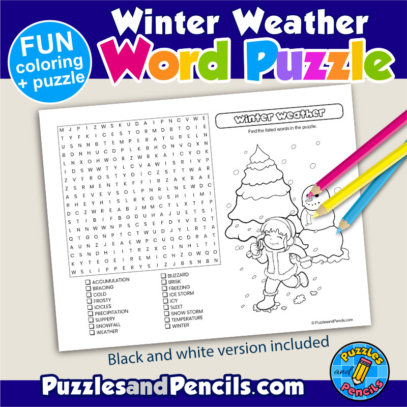 Winter weather word search puzzle activity page with coloring wordsearch made by teachers