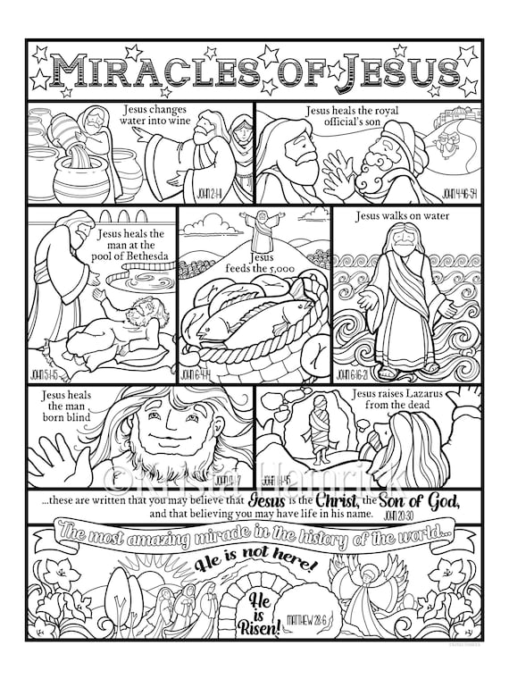 Miracles of jesus coloring page in three sizes x x suitable for framing x for bible journaling tip