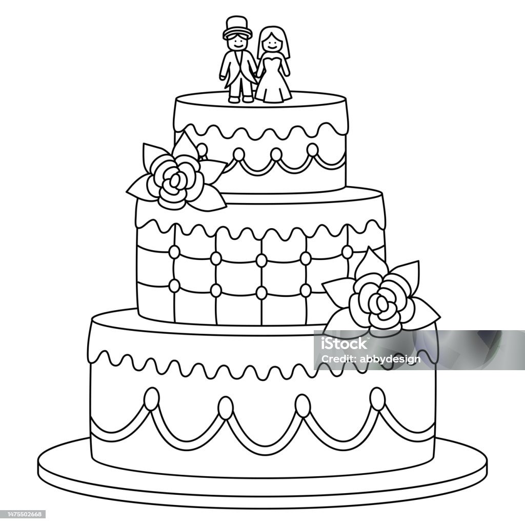 Wedding cake isolated coloring page for kids stock illustration