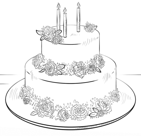 Birthday cake with roses coloring page free printable coloring pages