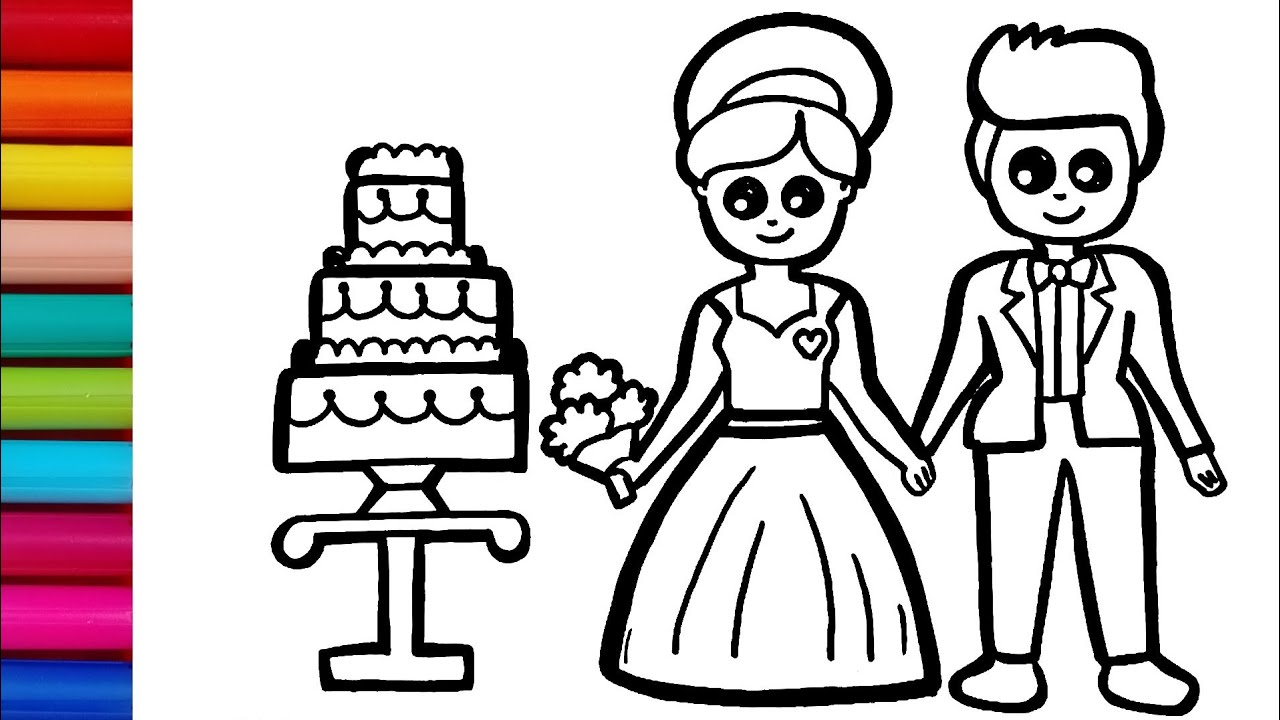 Bride and groom cake drawing colouring and painting for kids toddlers how to draw wedding cake