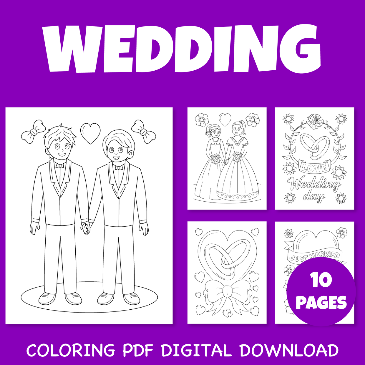 Wedding love valentines day coloring pages pack