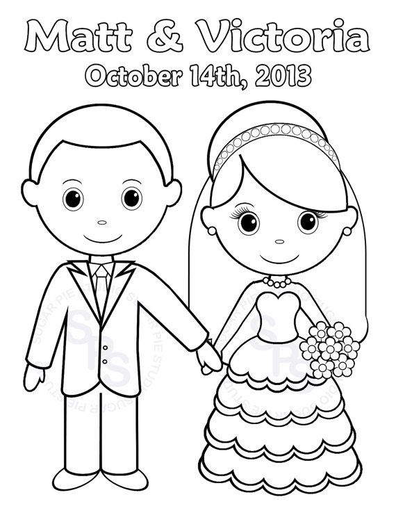 Personalized printable bride groom wedding party favor childrens kids coloring page activity pdf or jpeg file