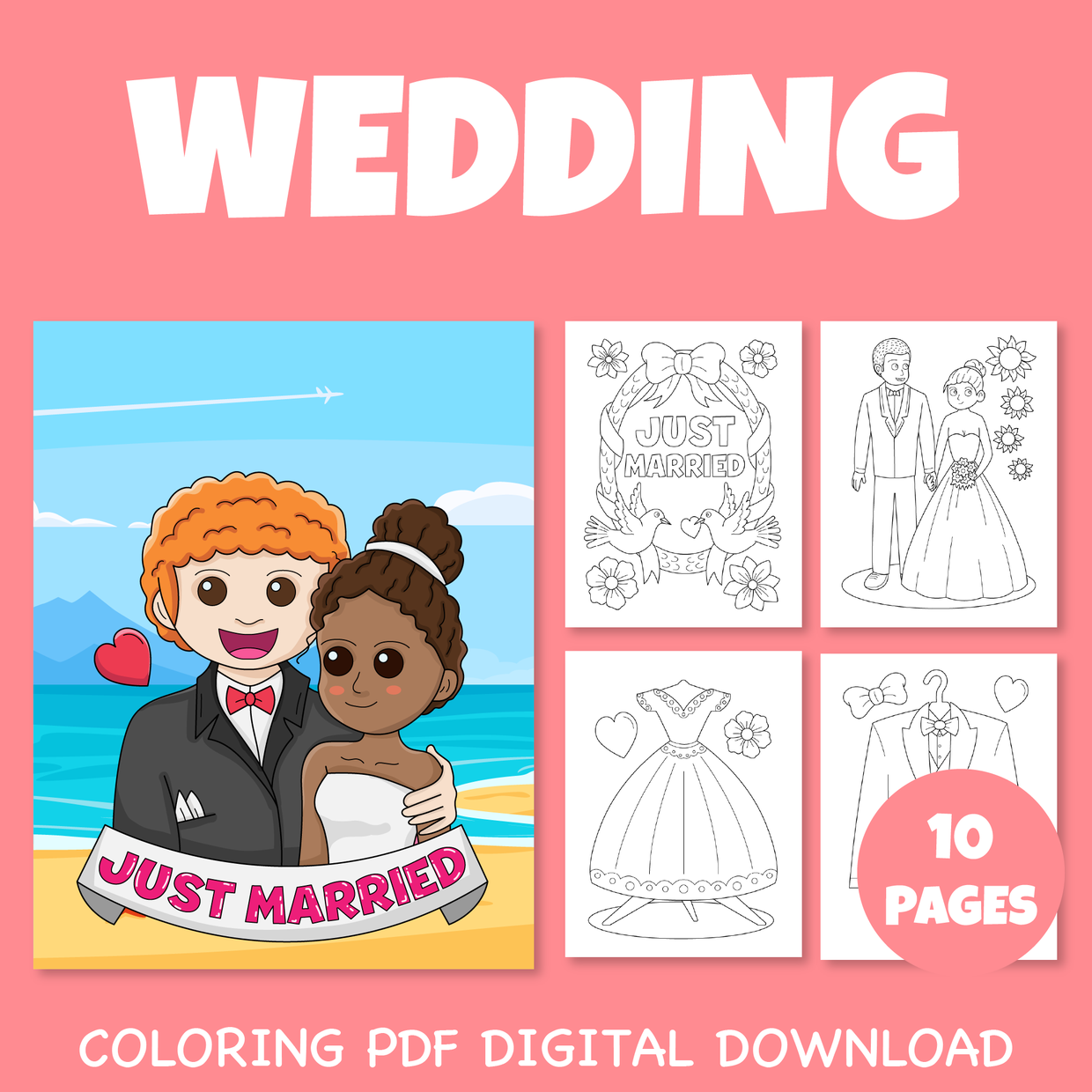Wedding love valentines day coloring pages pack