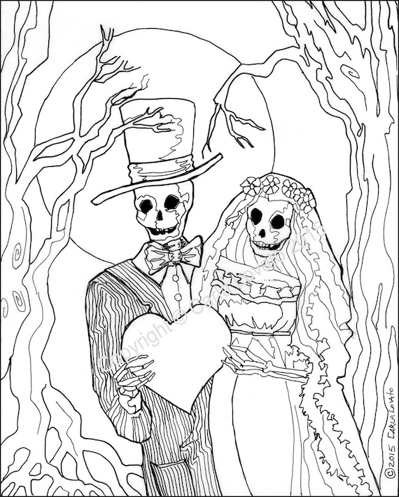 Coloring pages skeleton wedding color page day of the dead digital downloaded digital color page adult coloring skeleton bride