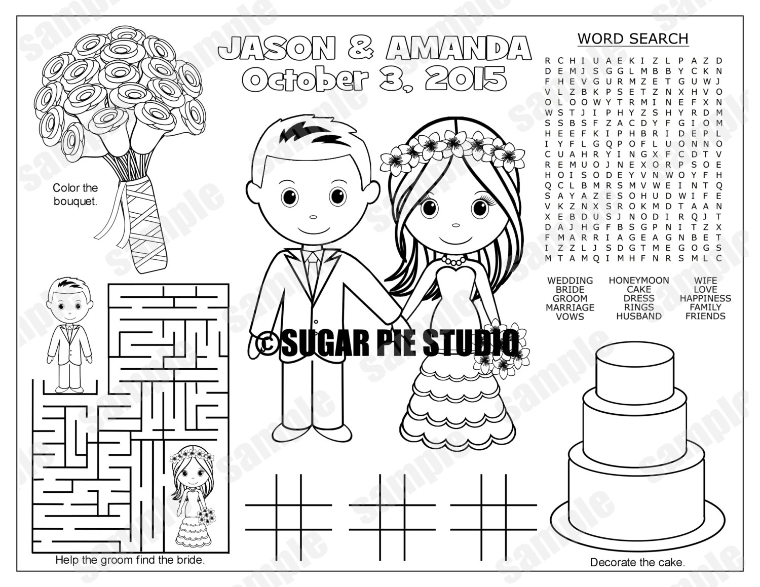 Wedding favor childrens kids coloring page activity personalized printable pdf or jpeg file