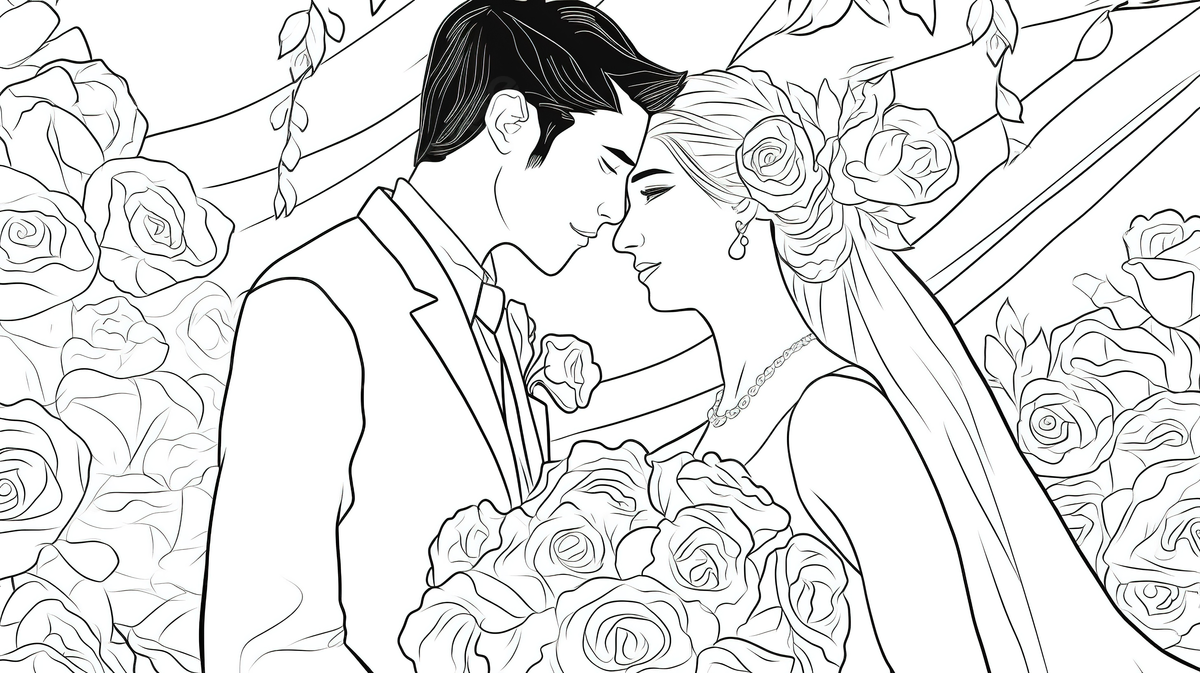 This coloring page shows the bride and groom on a wedding day background wedding coloring picture wedding wedding powerpoint background image and wallpaper for free download