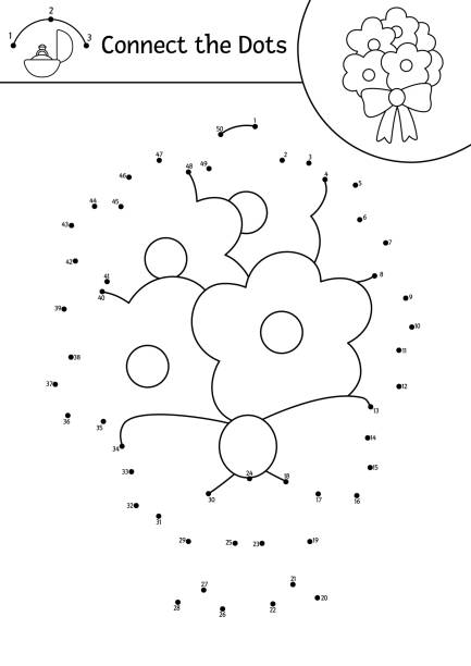 Vector dottodot and color activity with cute wedding bouquet connect the dots game for children with flower arrangement and bow marriage ceremony coloring page for kids stock illustration