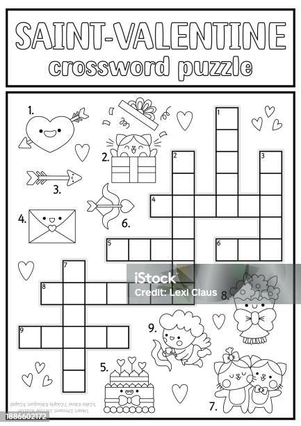 Vector black and white wedding crossword puzzle for kids simple line marriage ceremony quiz or coloring page matrimony activity with bride and groom family holiday cross word stock illustration