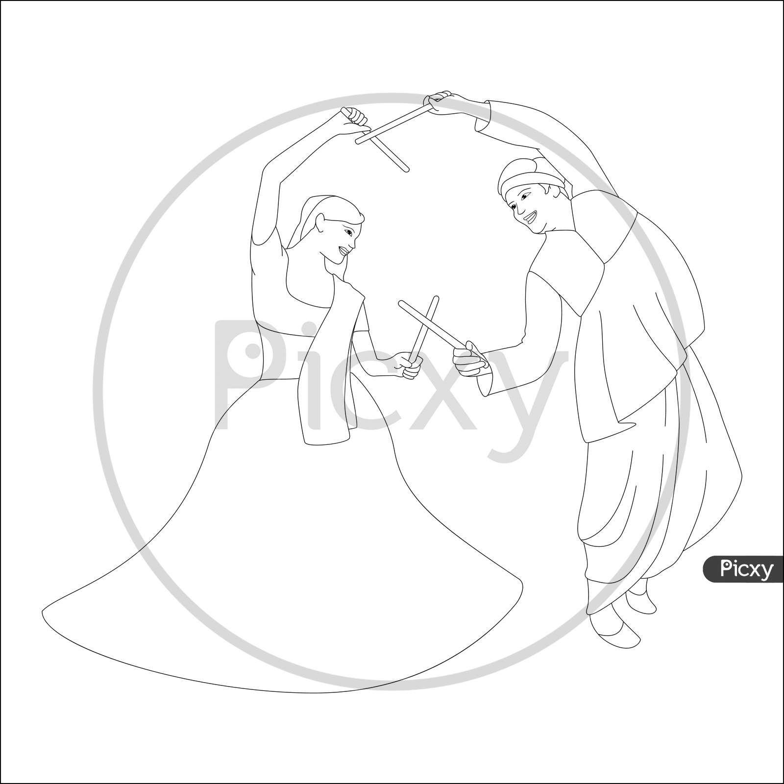 Image of couple playing dandia outline skeetch navratri theme coloring pages