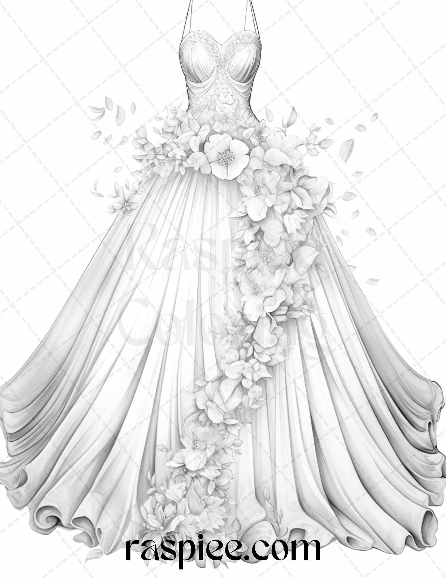 Elegant floral wedding dresses grayscale coloring pages printable f â coloring