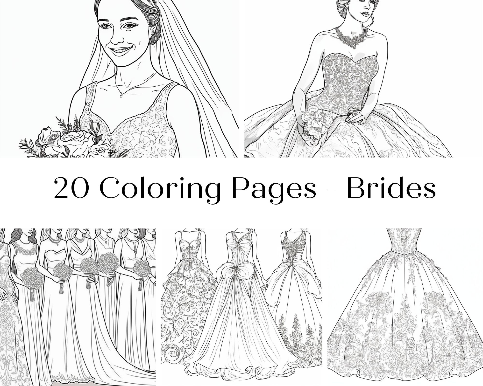 Coloring pages wedding gowns instant download instant download