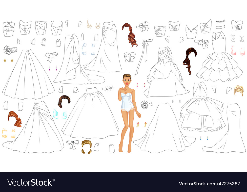Wedding dress coloring page paper doll royalty free vector