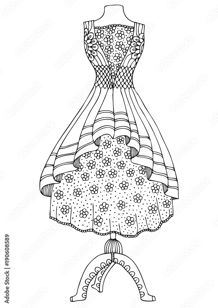 Wedding dress hand drawn illustration for coloring page poster or invitation card design sketch for anti