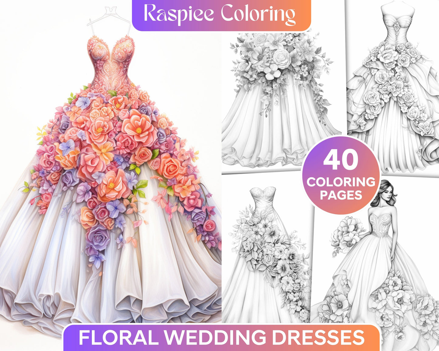 Elegant floral wedding dresses grayscale coloring pages printable f â coloring